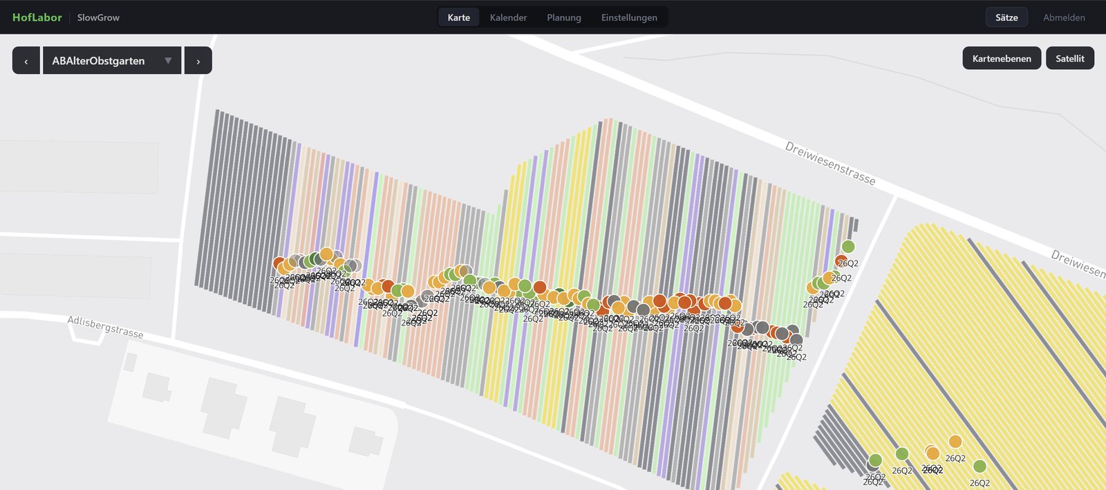 Map of the Alter Obstgarten field at Adlisberg with colour-rated spade-test points along the strips